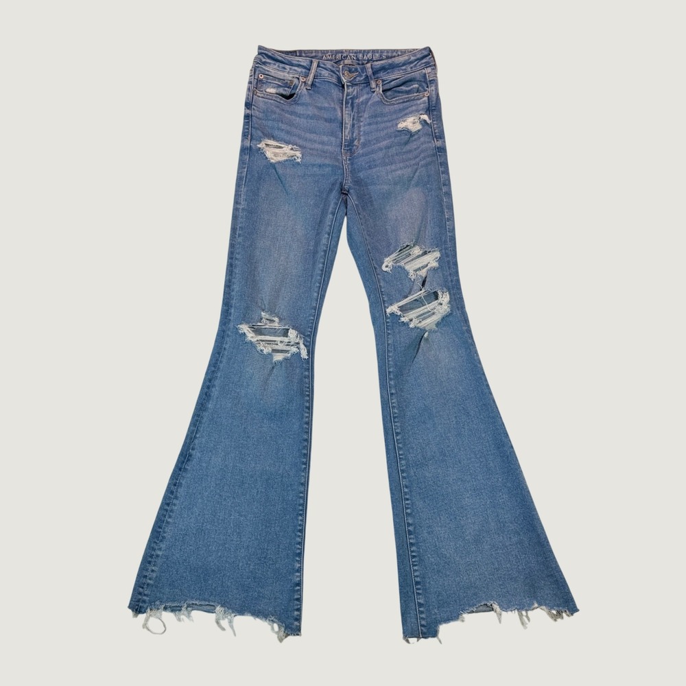 American Eagle Next Level Stretch Distressed Flare Jeans Raw Hem